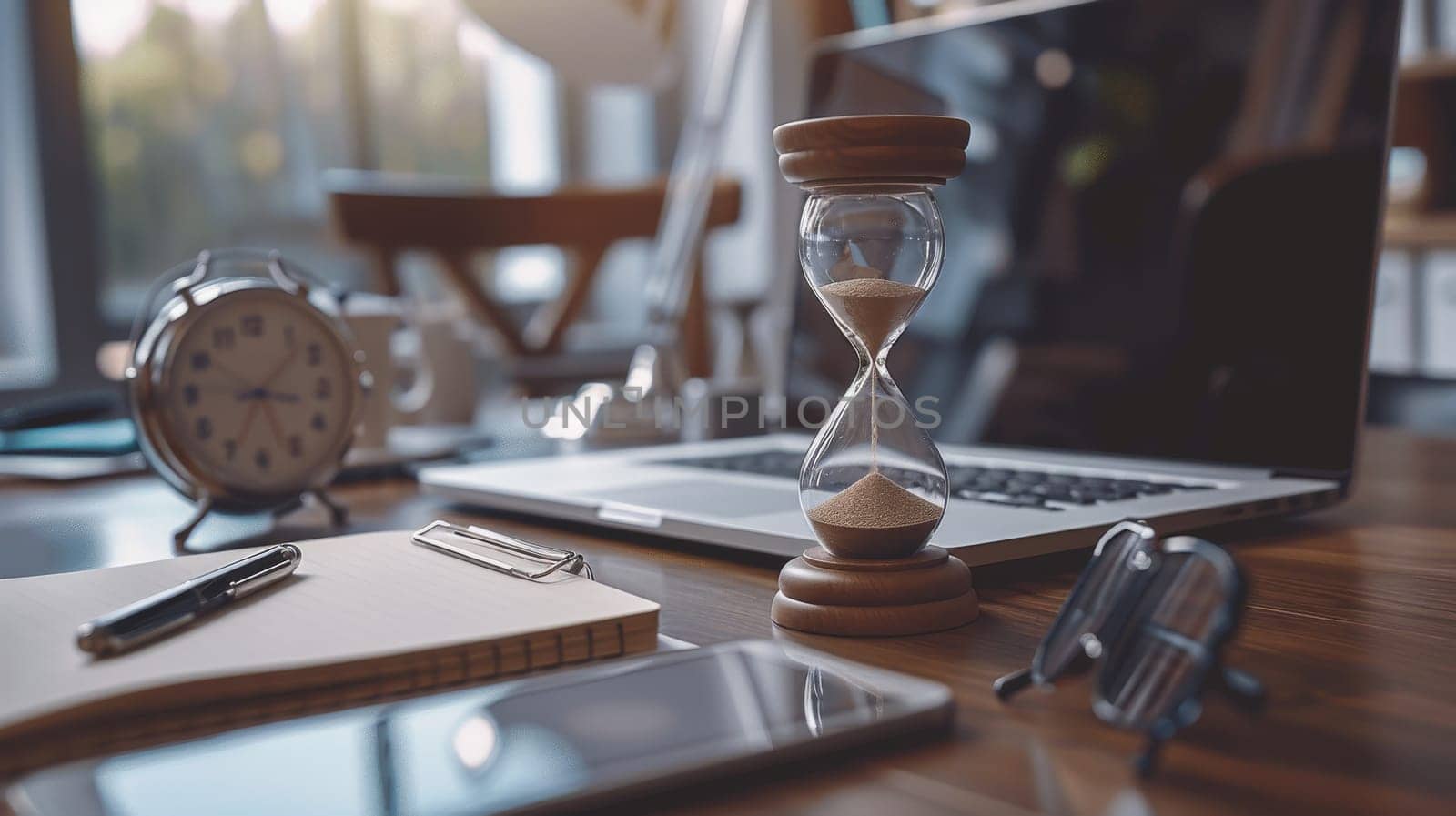 A desk with a laptop, a glass sand timer, and a potted plant. The scene is bright and inviting, with the sunlight streaming in through the window. The sand timer is a reminder to take breaks