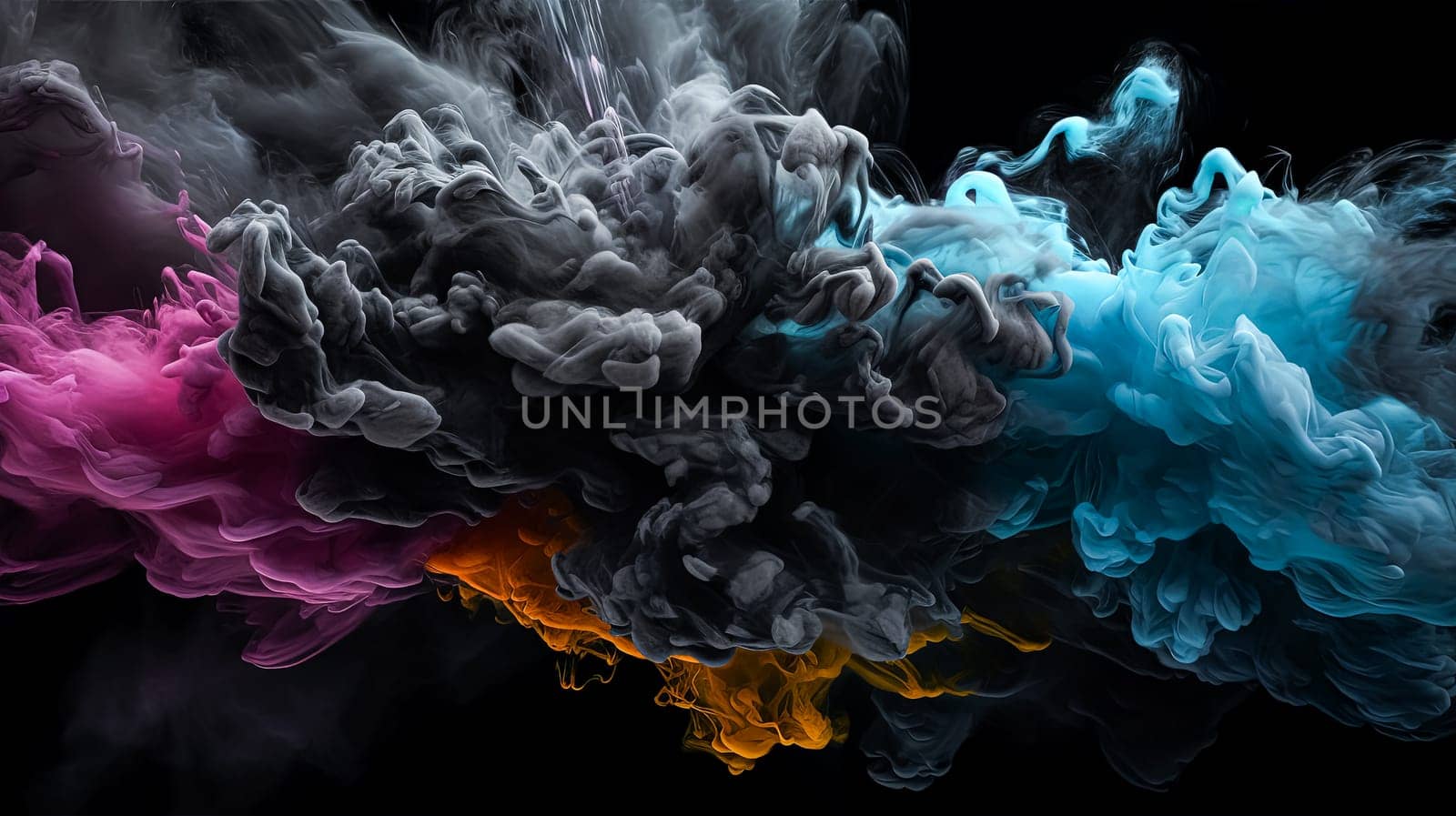 A colorful cloud of smoke with a blue, orange, and purple streak. The smoke is thick and billowing, creating a sense of movement and energy. The colors of the smoke contrast with the dark background