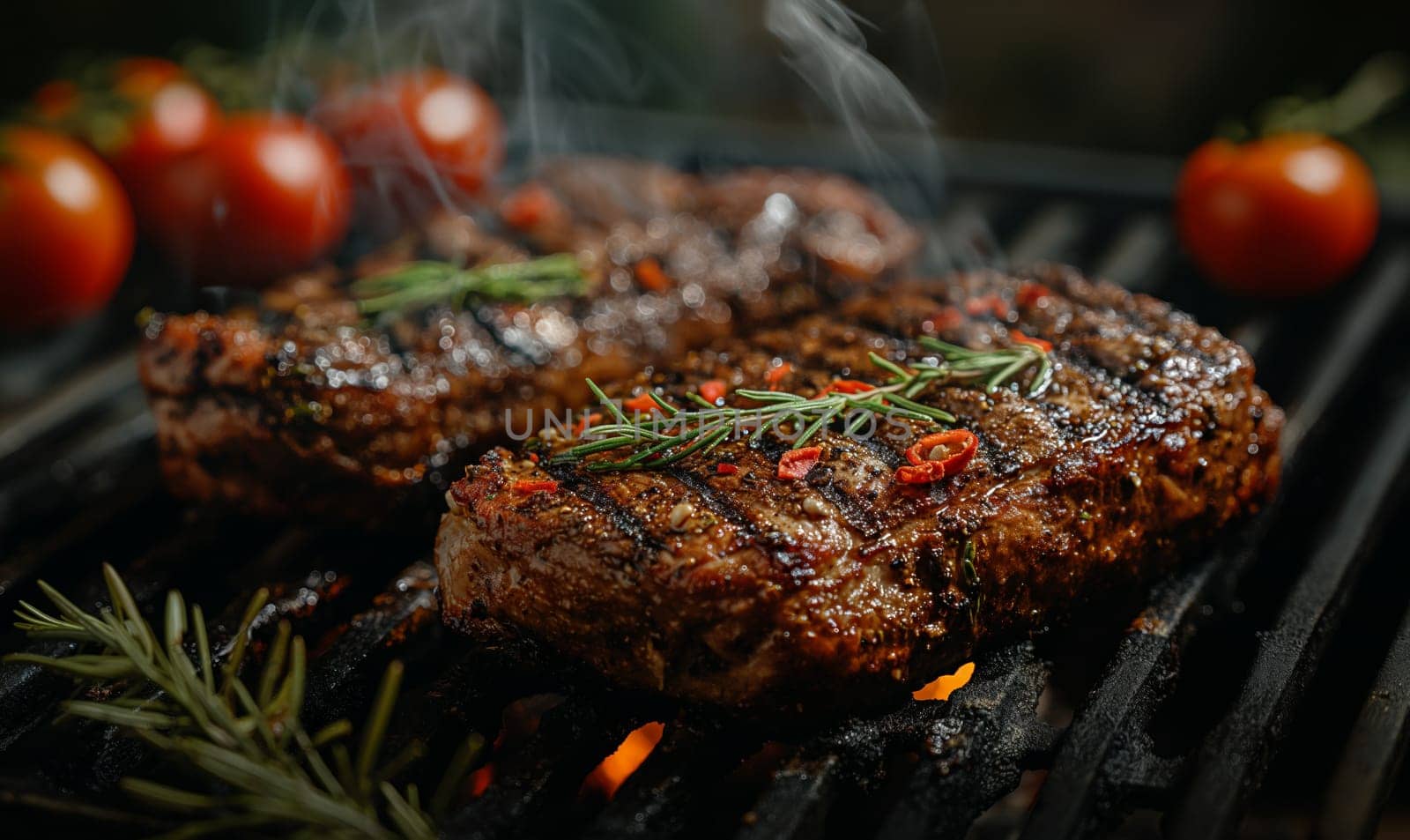 Pieces of meat cooked on the grill. by Fischeron