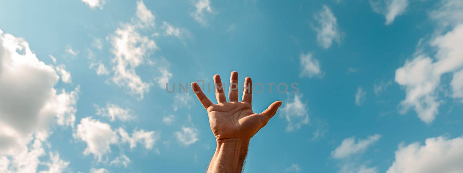 A man hand reaches into the sky. Generative AI. blue,