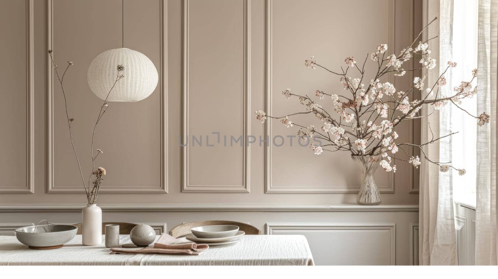 Elegant Dining Area with Muted Color Palette Concept Soft Gray Table Dusty Rose Chairs and Subtle Decor Elements in Complementary Hues for Visual Harmony.