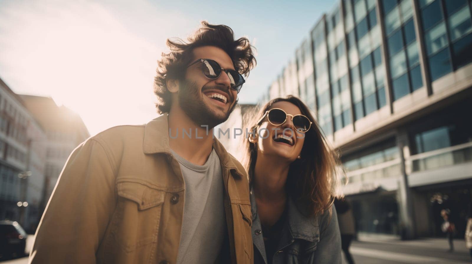 Lifestyle portrait of happy smiling young couple together enjoys a summer walk in sunny city, cheerful woman and man tourists in glasses