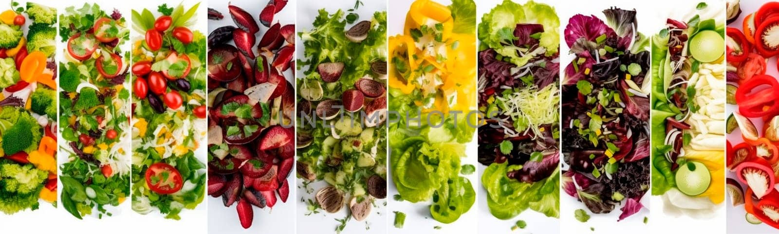 many different photos of vegetable salads are vertically arranged in a row collage of photos. Generative AI,