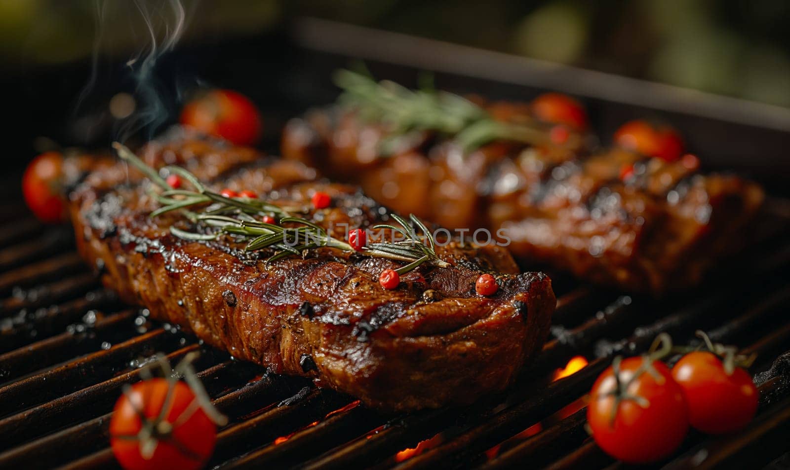 Pieces of meat cooked on the grill. by Fischeron