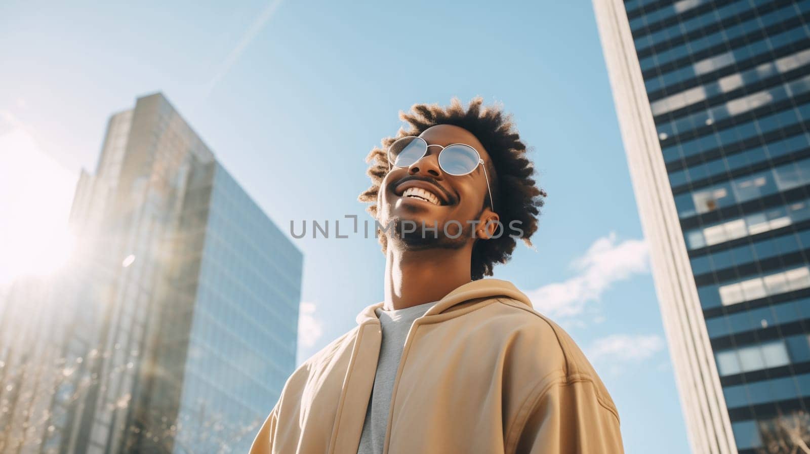 Fashionable portrait of inspired stylish happy laughing black American young man standing in summer sunny city