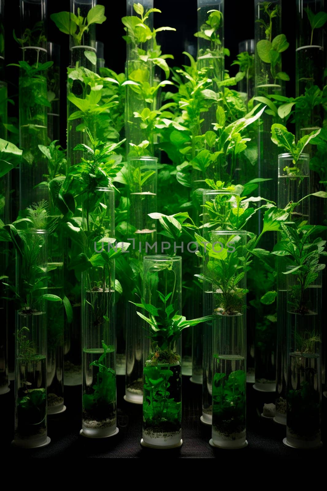 Plants in test tubes in the laboratory. Generative AI, nature.