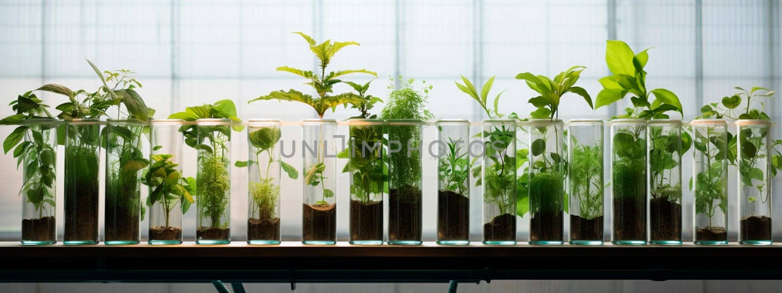 Plants in test tubes in the laboratory. Generative AI, nature.