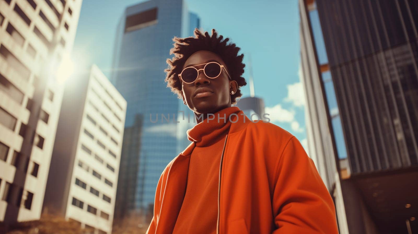 Fashionable portrait of stylish black American young man wearing trendy clothes posing on city street and looking at camera