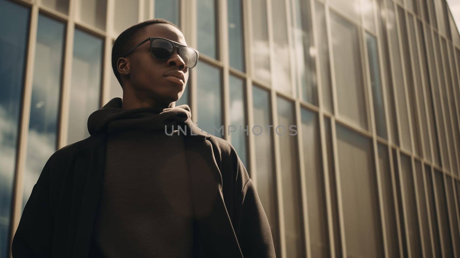 Fashionable portrait of stylish black American young man wearing trendy clothes posing on city street and looking away