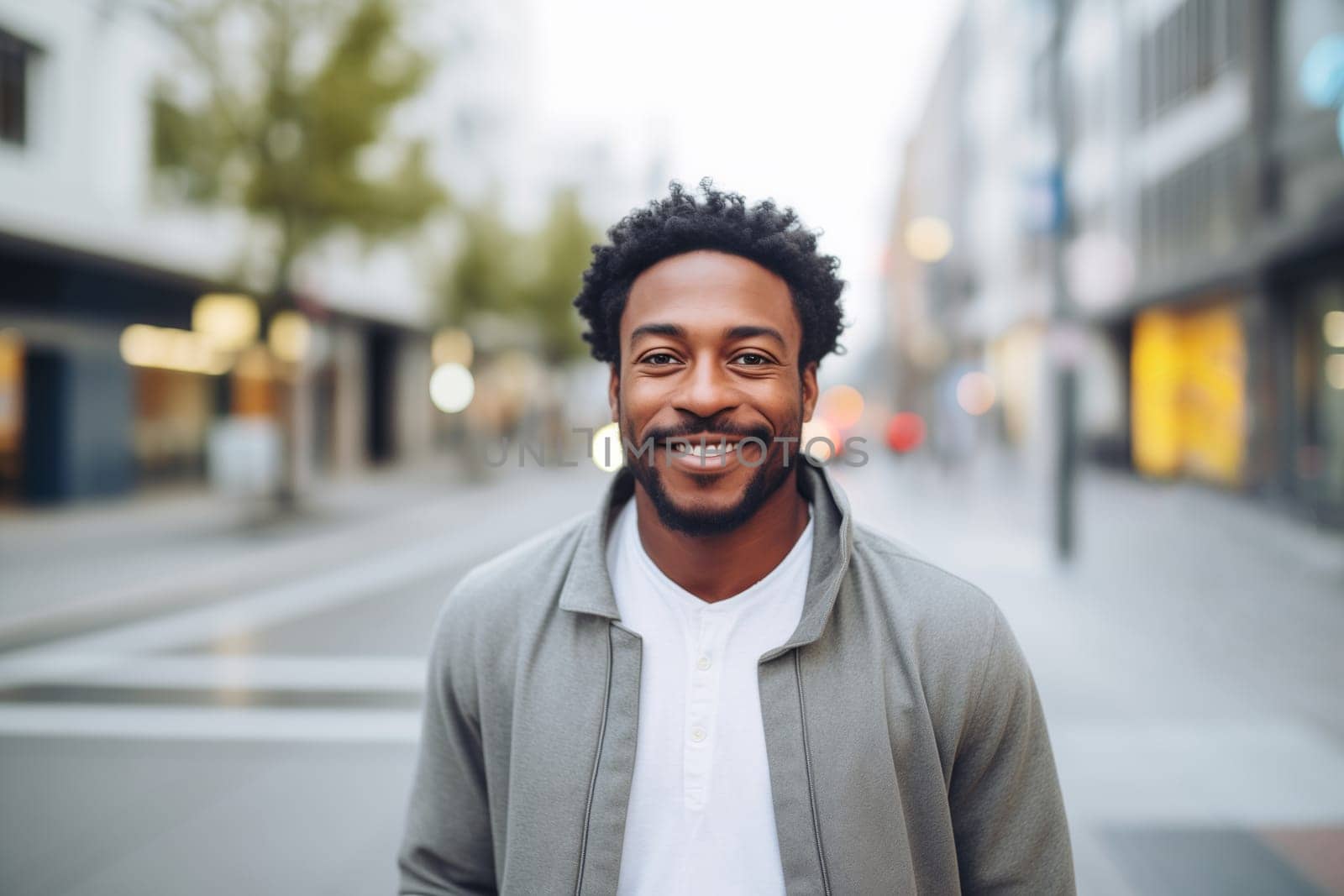 Portrait happy bearded handsome mature african man standing on city street, looking at camera