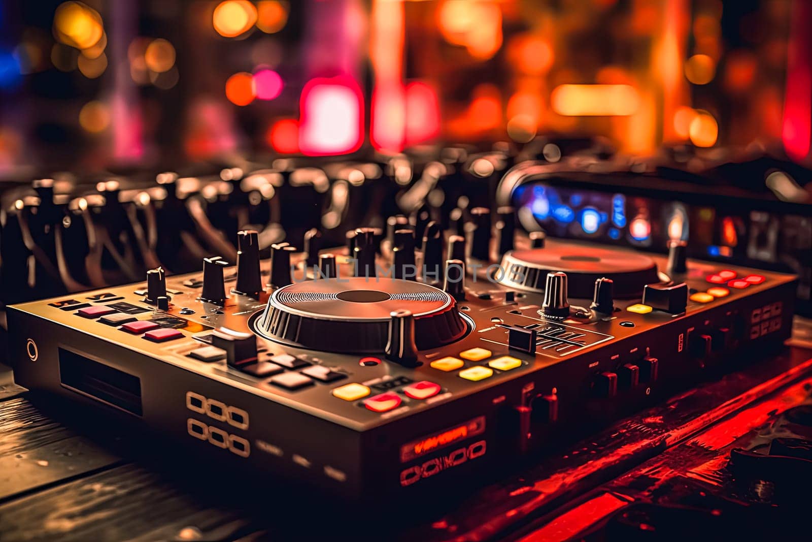 A set of DJ equipment stands against a vibrant orange backdrop, radiating energy and setting the stage for an electrifying performance.