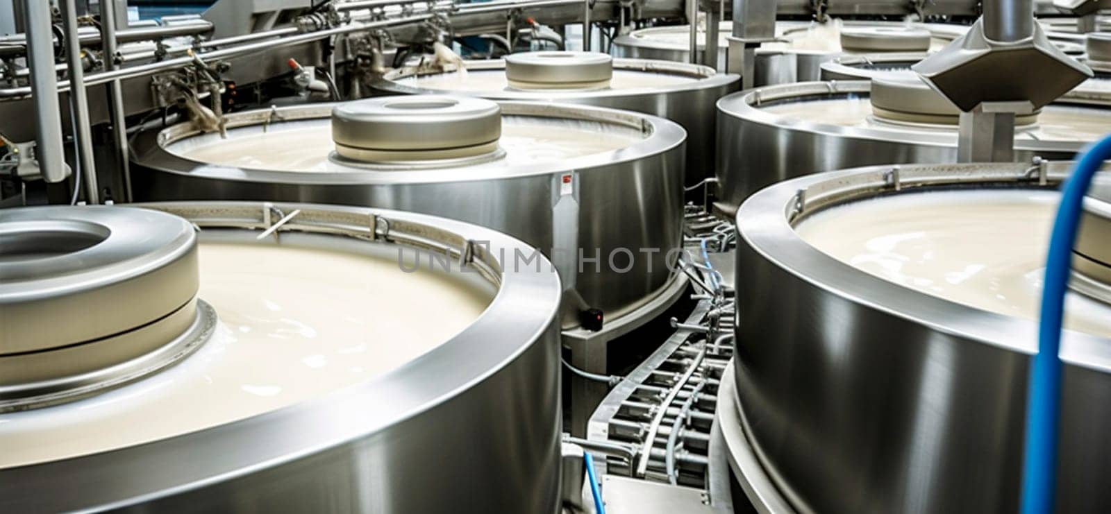 Milk in a food factory. Generative Ai,