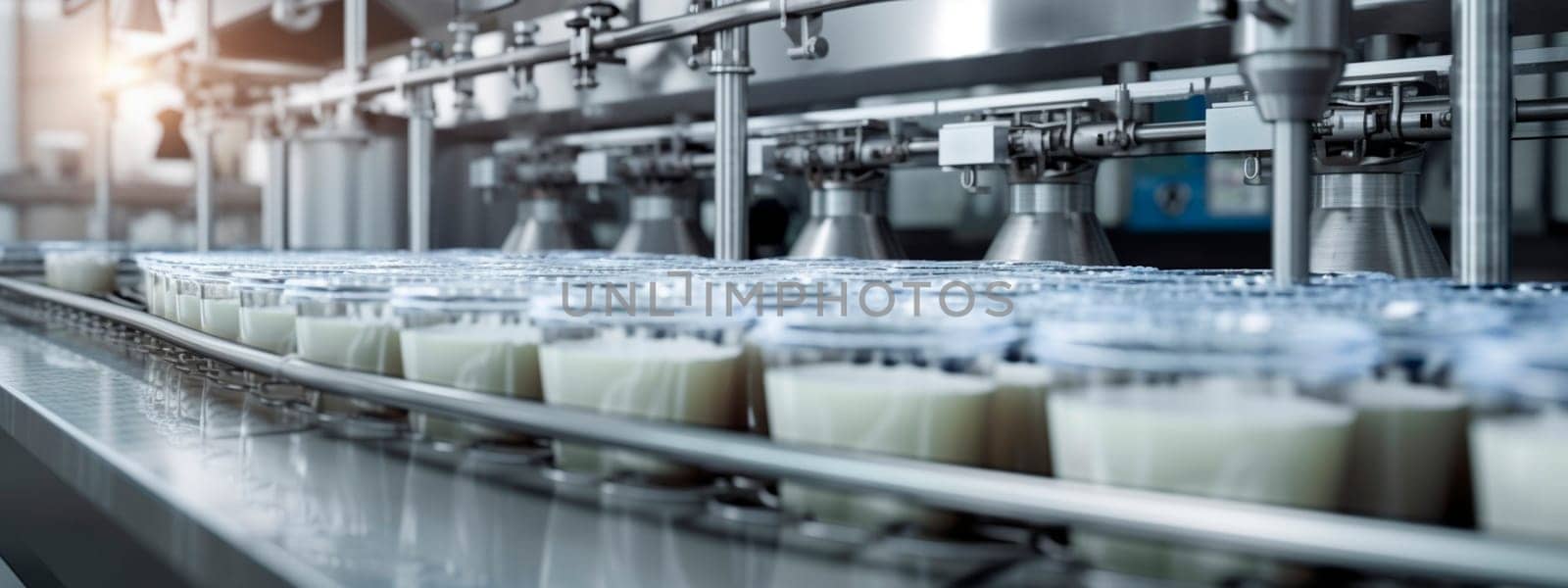 milk tape in the food industry, products ready for automatic packaging. Concept with automated food production. Generative AI, Food.