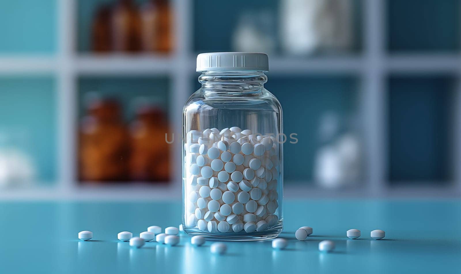 White pills in a glass jar on a blue background. Selective focus.