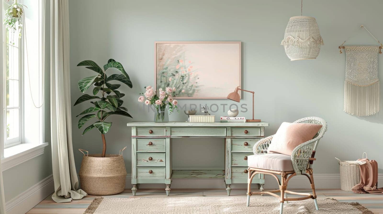 Stylish Workspace with Muted Color Scheme Concept Pale Green Desk Light Gray Walls and Delicate Pink Accents for Calm Balanced Aesthetic.