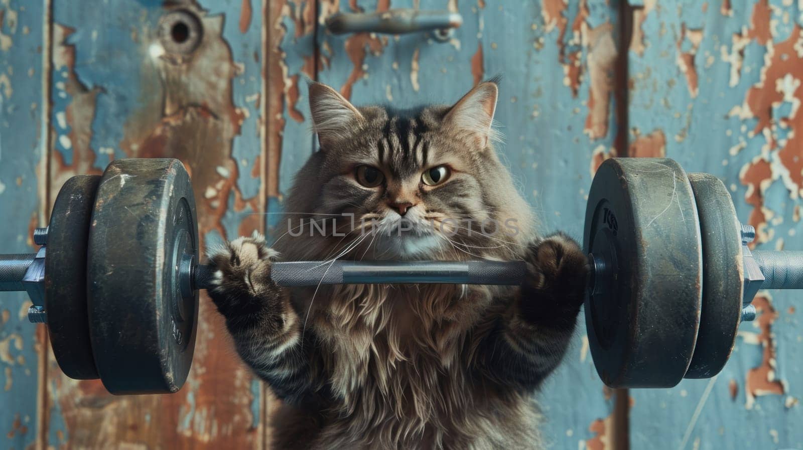 A cat is holding a dumbbell in its paws.