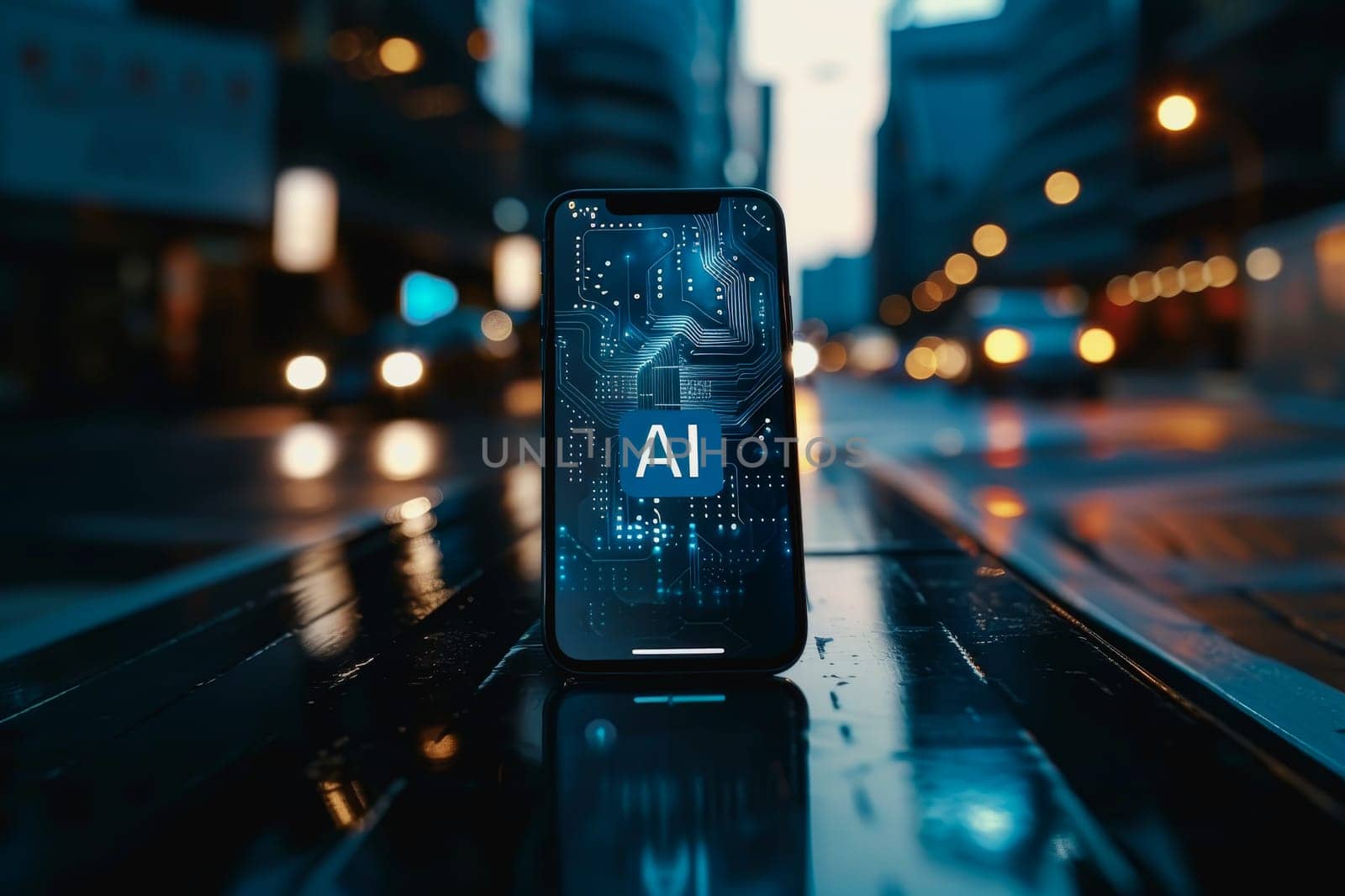 ransparent smartphone display on with AI text to the screen for futuristic technology concepts.