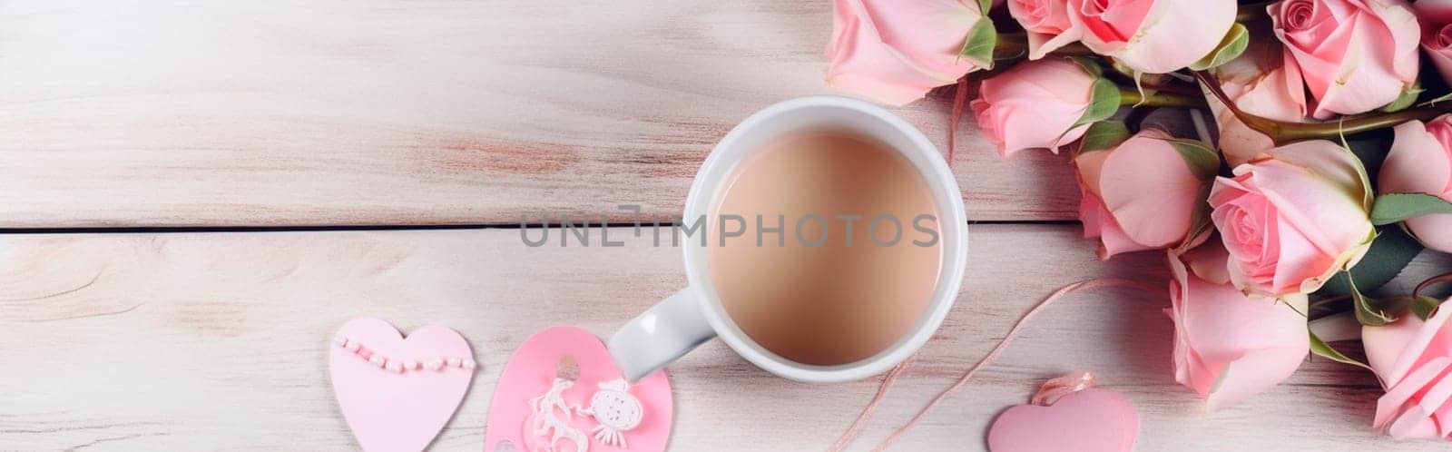Mug with heart, rose bouquet and tag, flat lay, copy space. Generative Ai,