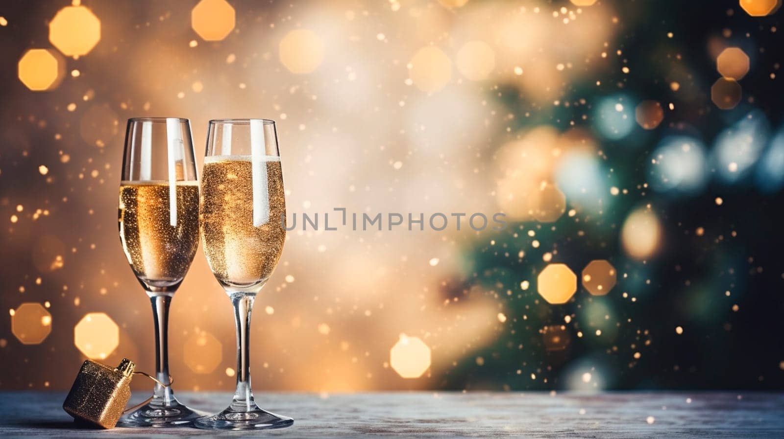 Glass of champagne on a Christmas background. Generative AI, Food.