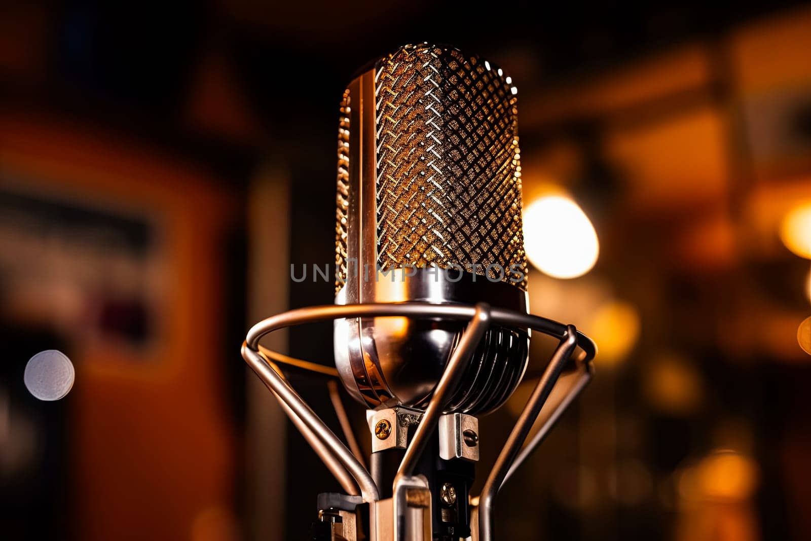 A microphone is on a table in a dimly lit room. The microphone is silver and has a black cord