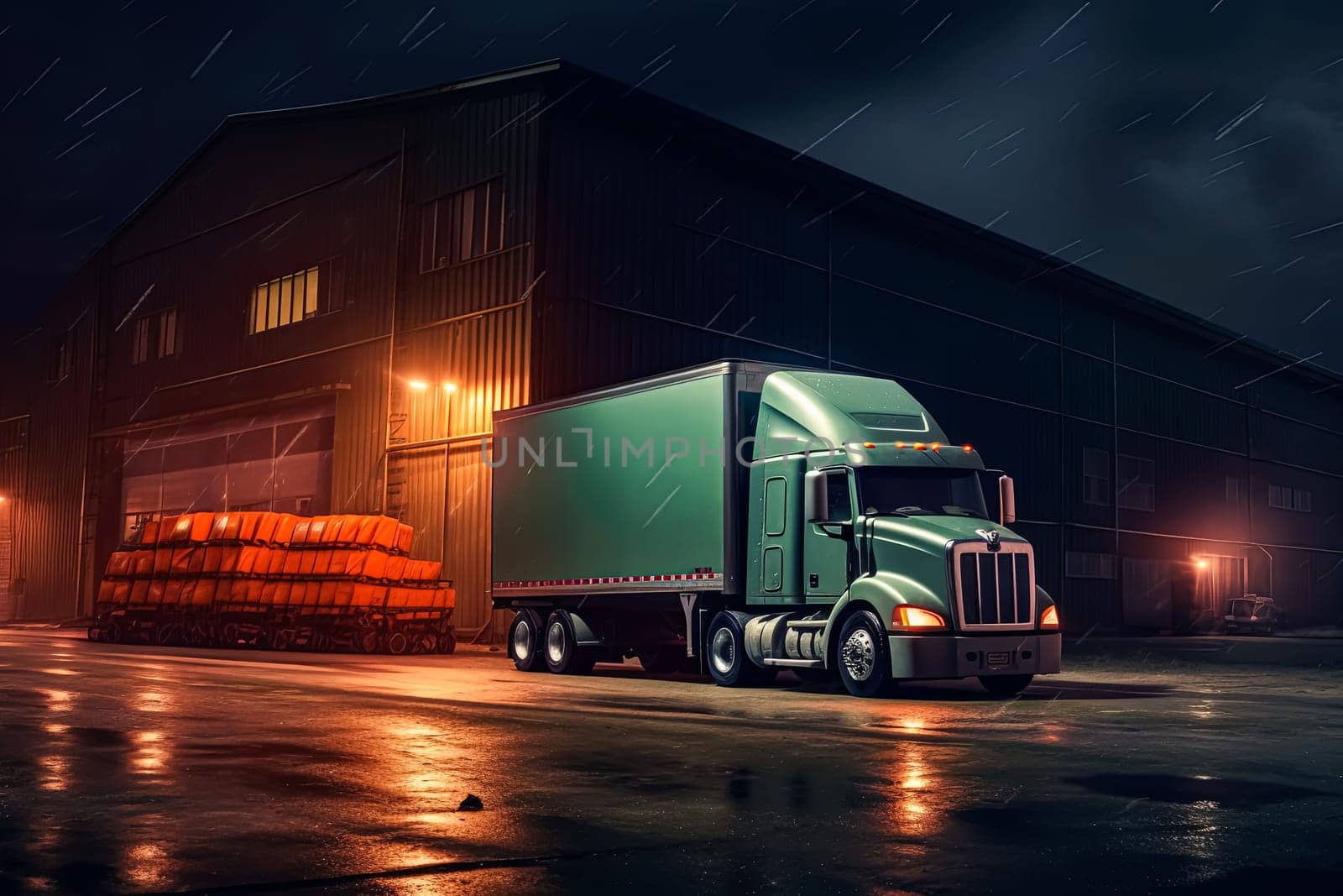 A semi truck is parked in front of a large building. The truck is white and has a Coca-Cola logo on the side. The scene is set at night, with the truck and building illuminated by street lights