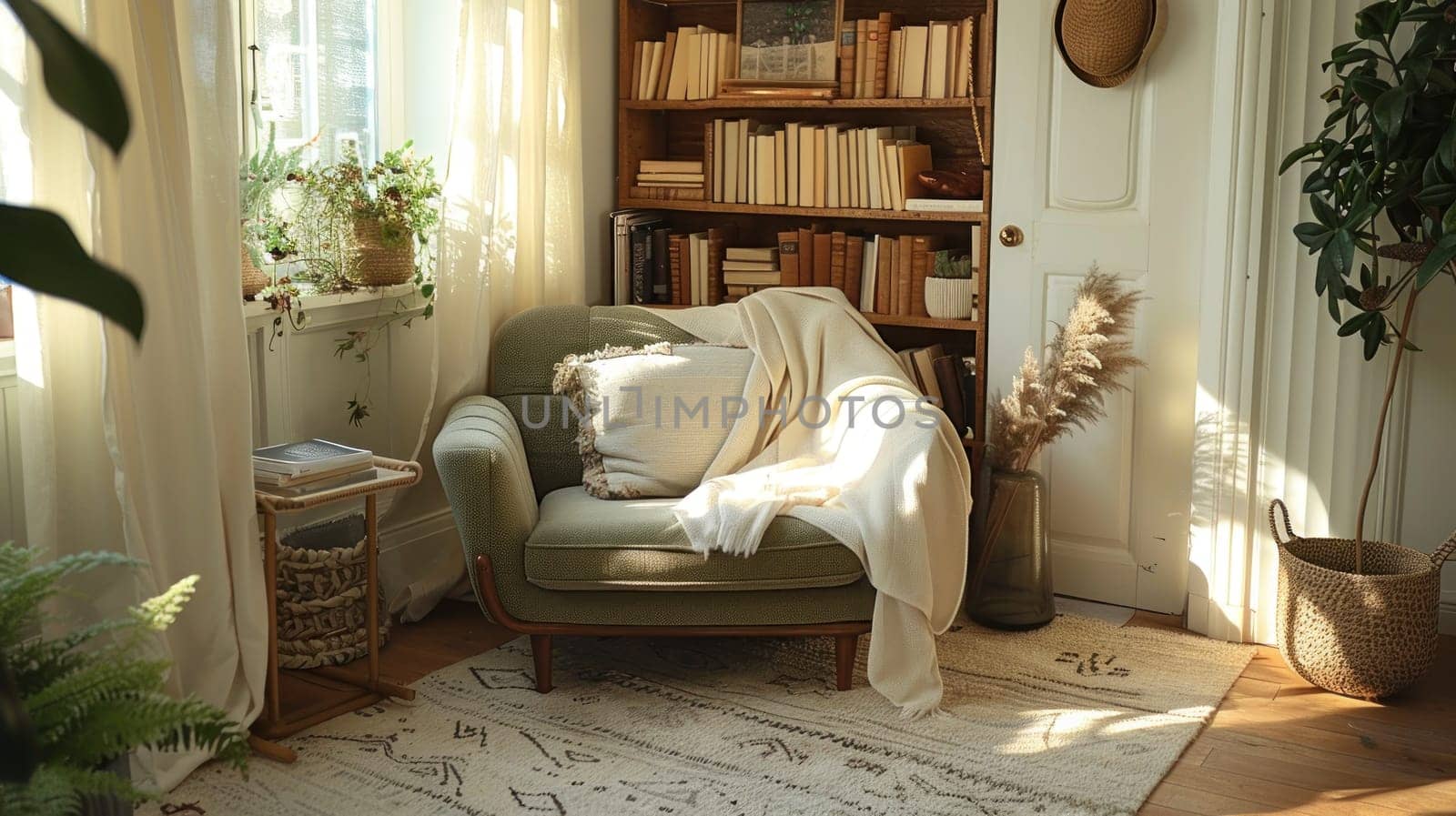 Cozy Reading Nook with Muted Colors Concept Light Olive Armchair Soft Cream Throw and Beige Rug for Harmonious and Cohesive Look.