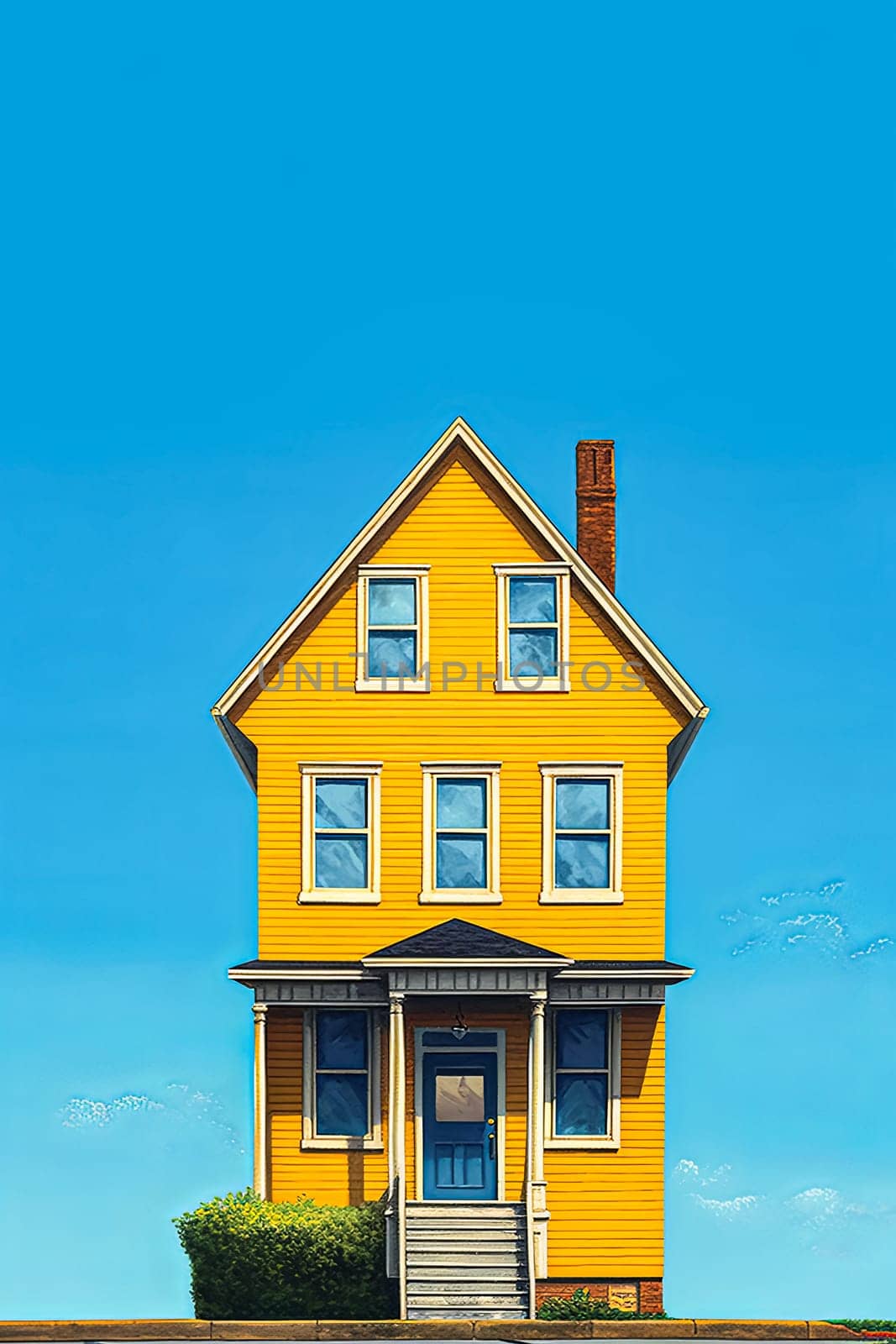 A yellow house with a blue roof and blue trim. by Alla_Morozova93