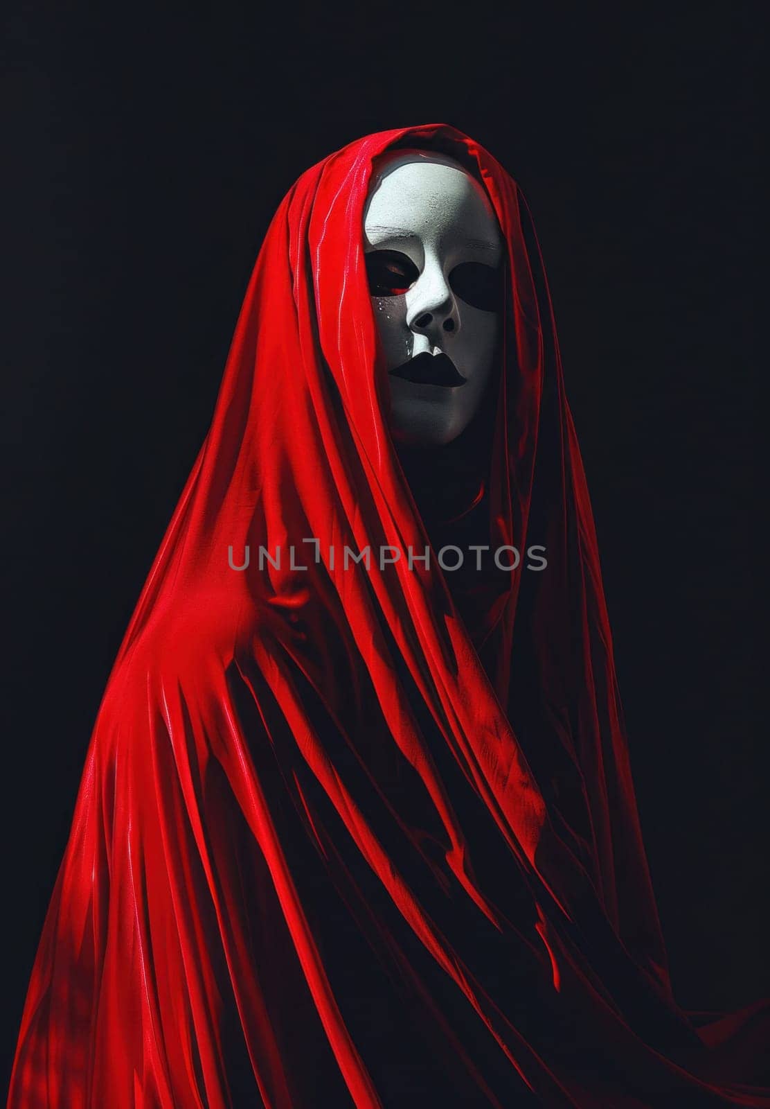 Mysterious woman in red cloak with white mask on face standing against black background symbolizing beauty and art