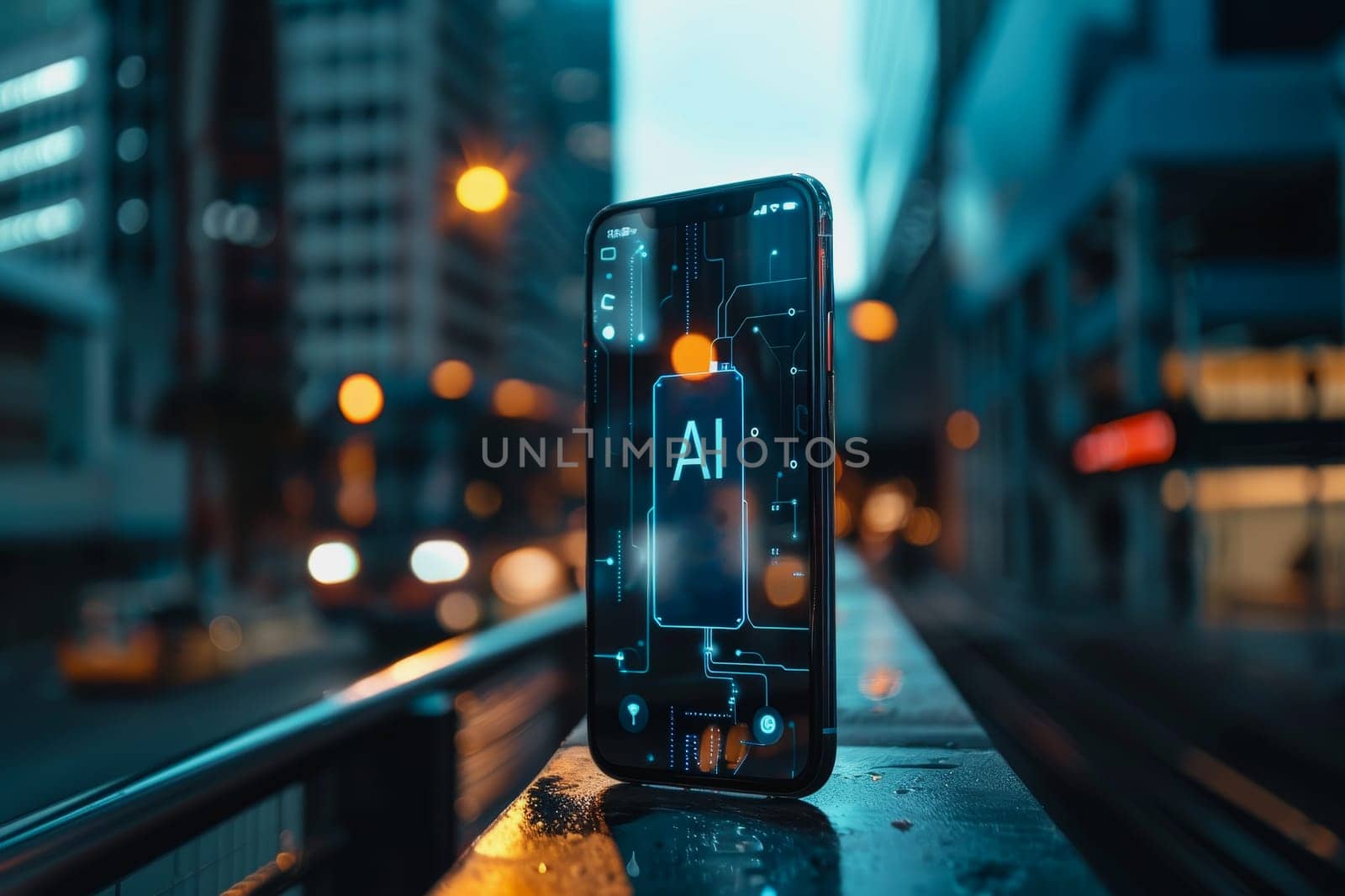 ransparent smartphone display on with AI text to the screen for futuristic technology concepts.