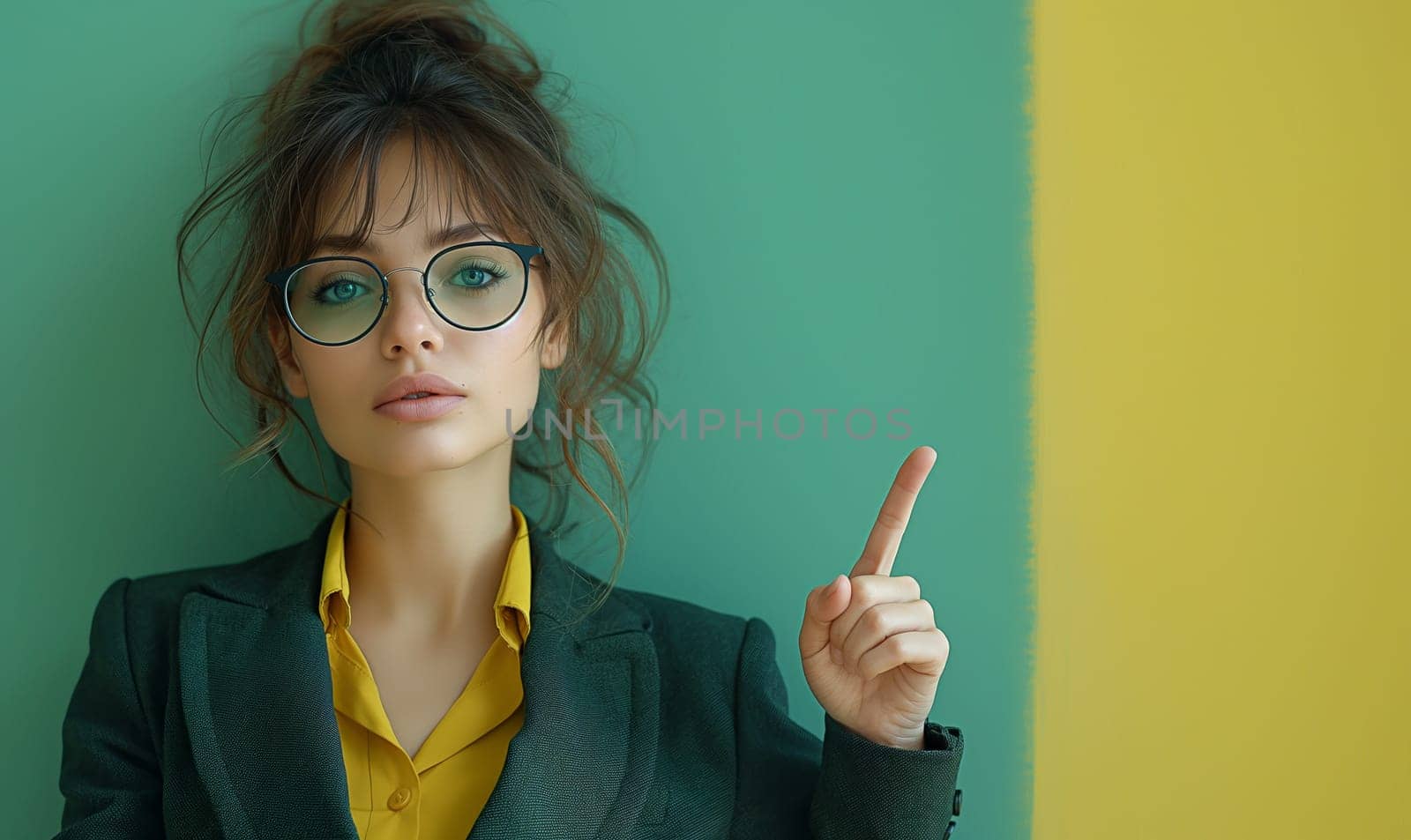 A woman with glasses points on a green background. Selective focus.