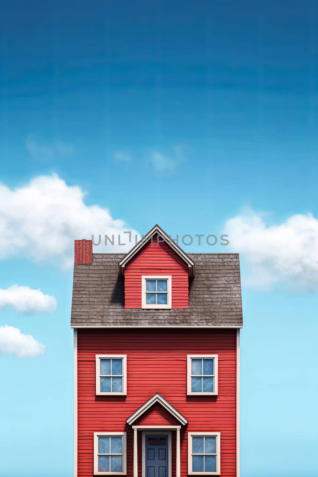 A small red house with a white trim sits in front of a blue sky. The house is the only building in the scene, and it is a single-story structure