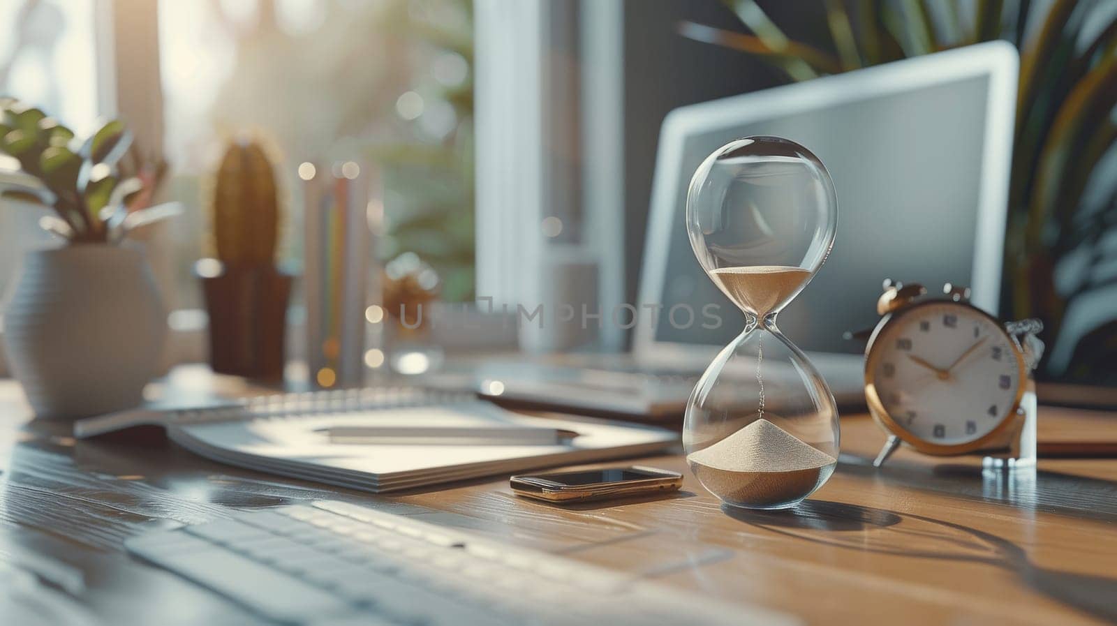 A desk with a laptop, a glass sand timer, and a potted plant. The scene is bright and inviting, with the sunlight streaming in through the window. The sand timer is a reminder to take breaks