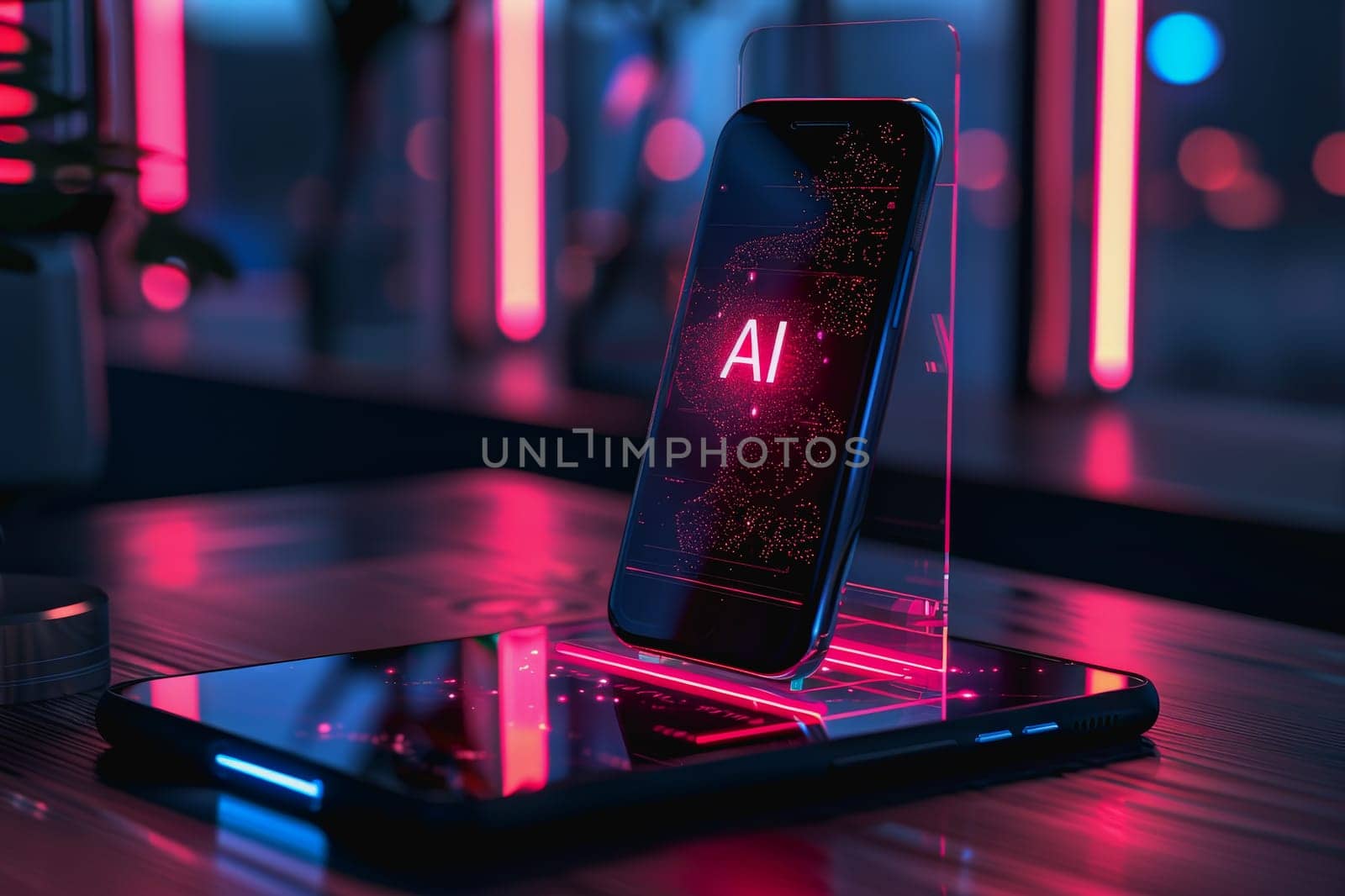 ransparent smartphone display on with AI text to the screen for futuristic technology concepts.