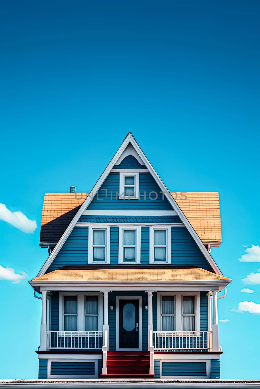 A blue house with a red roof and white trim. The house is small and has a porch. The sky is blue and there are clouds in the background