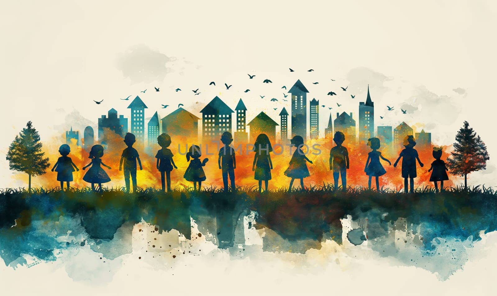 Watercolor, children standing in front of a city landscape. Selective focus.