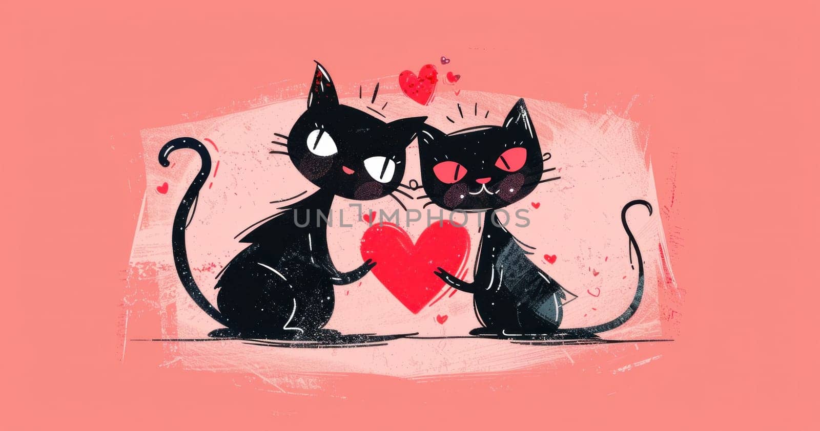 Love and companionship two black cats holding heart on pink background symbolizing unity and affection by Vichizh