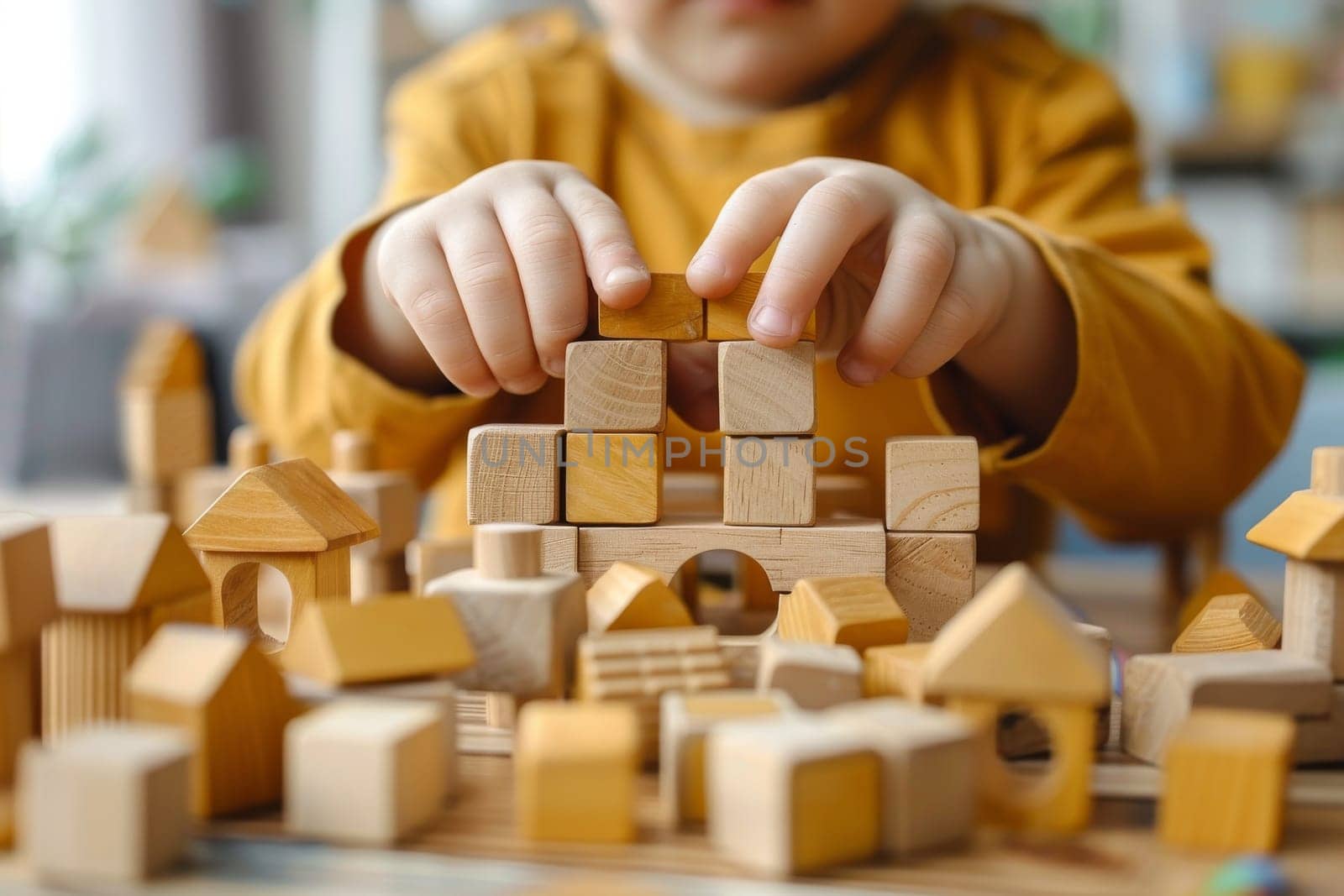 Little child playing with wooden blocks to build a house in playroom.