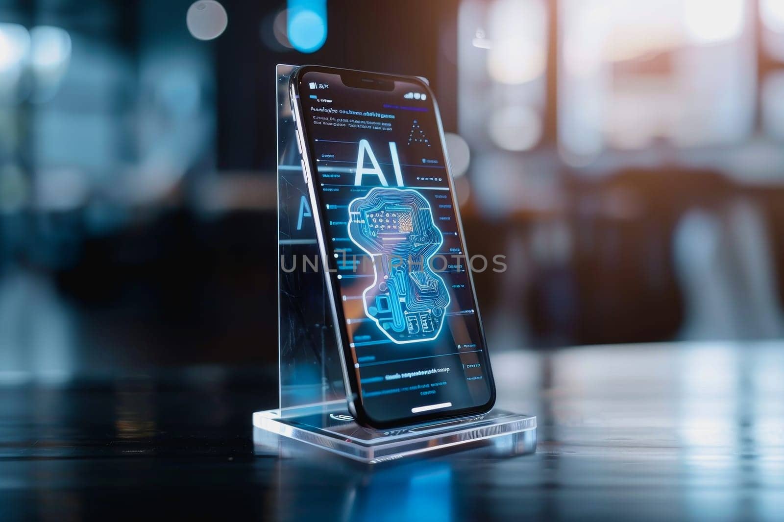 ransparent smartphone display on with AI text to the screen for futuristic technology concepts by Manastrong