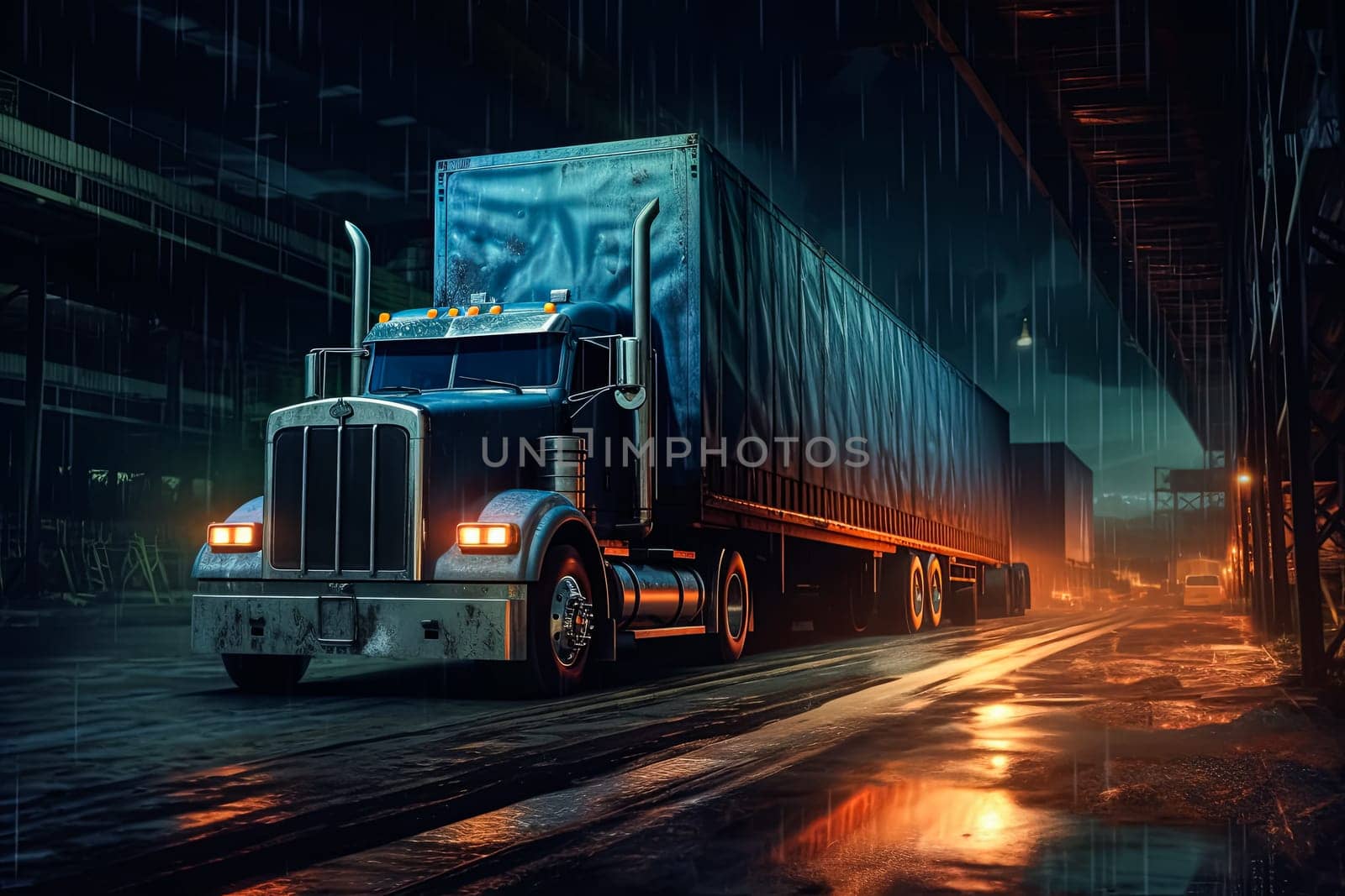 A semi truck is parked in front of a large building. The truck is white and has a Coca-Cola logo on the side. The scene is set at night, with the truck and building illuminated by street lights