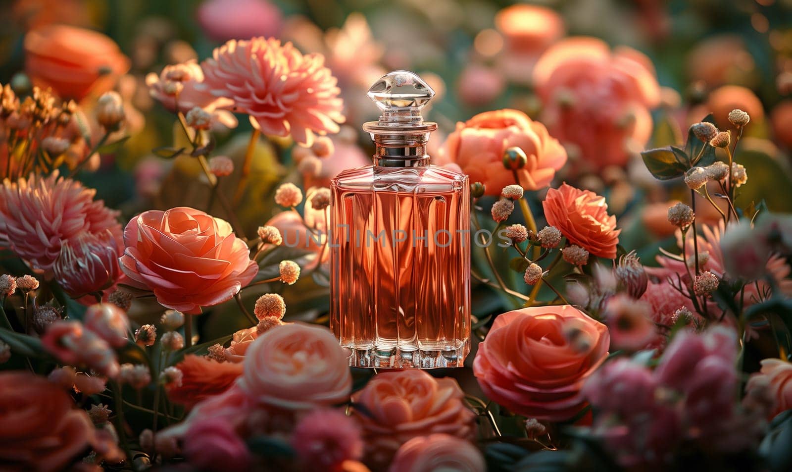 Elegant perfume bottle among flowers in retro style. Selective focus.