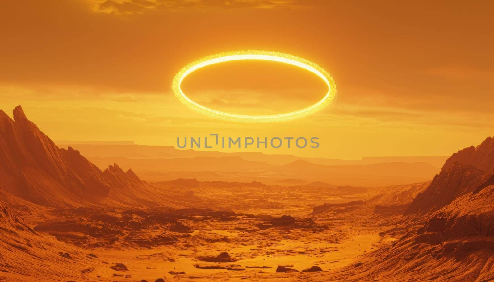 Desolate desert landscape with orange ring and distant mountain peaks, travel and adventure concept by Vichizh