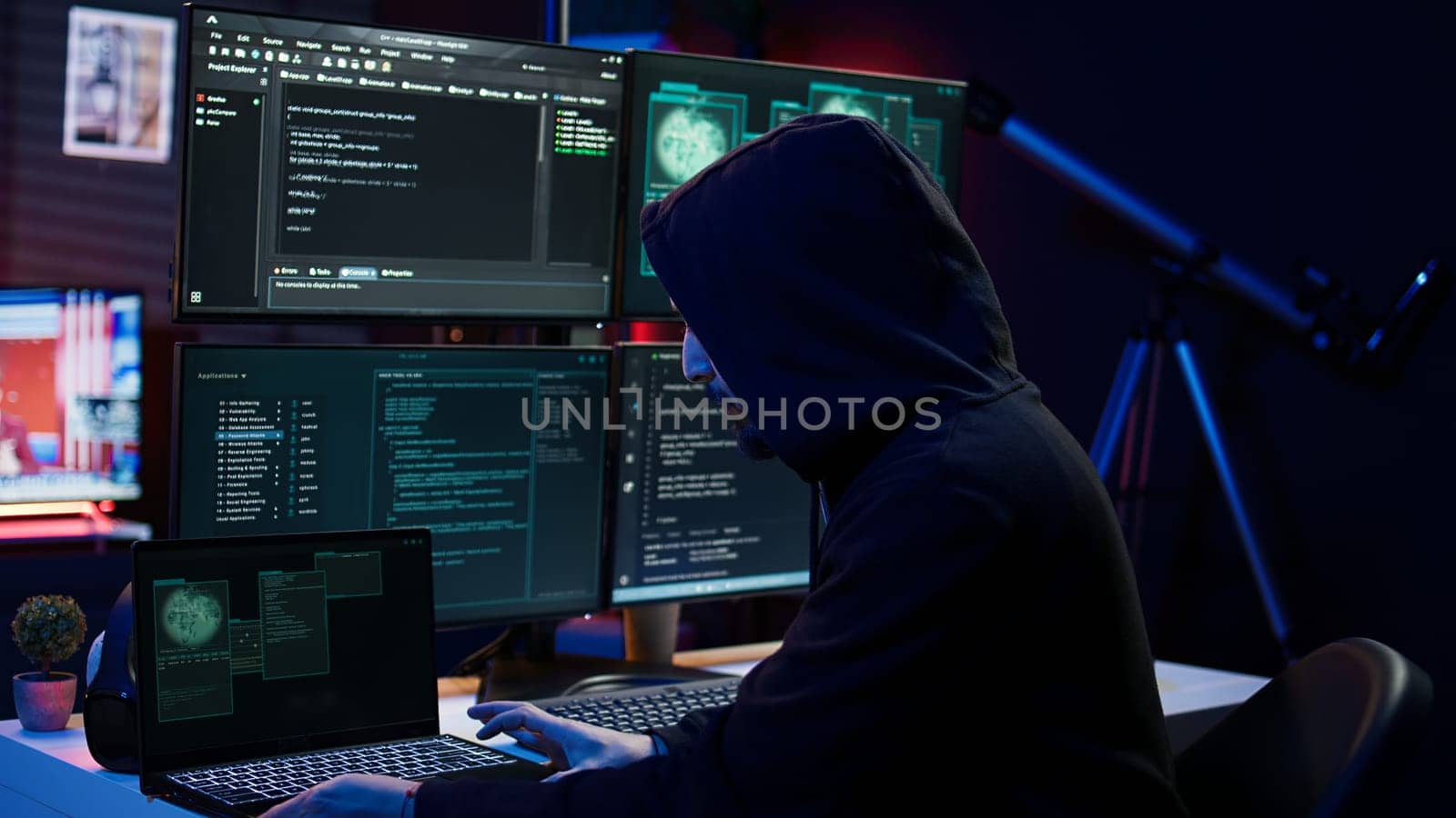 Hacker arriving in hidden underground shelter, prepared to launch DDoS attack by DCStudio