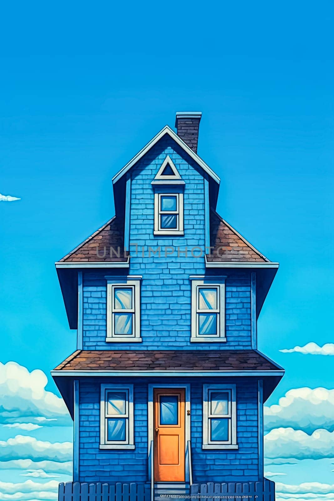 A blue house with a red roof and white trim. The house is small and has a porch. The sky is blue and there are clouds in the background