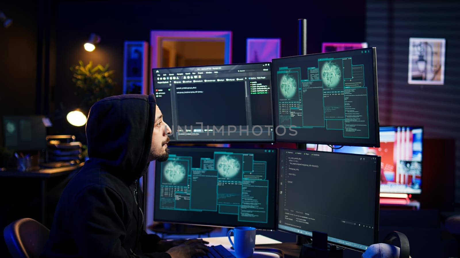 Hacker happy after successfully penetrating firewalls using malware, seeing access granted notification. Rogue programmer successfully gaining access to victim data, camera B