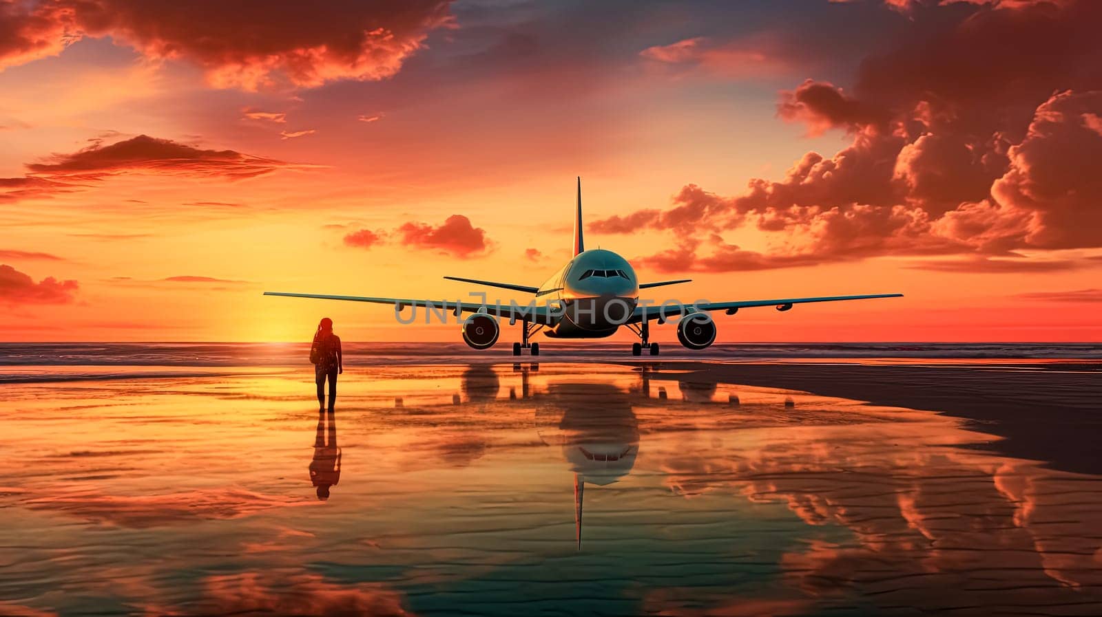 A large jetliner is sitting on the runway at sunset. The sky is filled with clouds, creating a moody atmosphere. The reflection of the plane in the water adds to the serene and peaceful setting