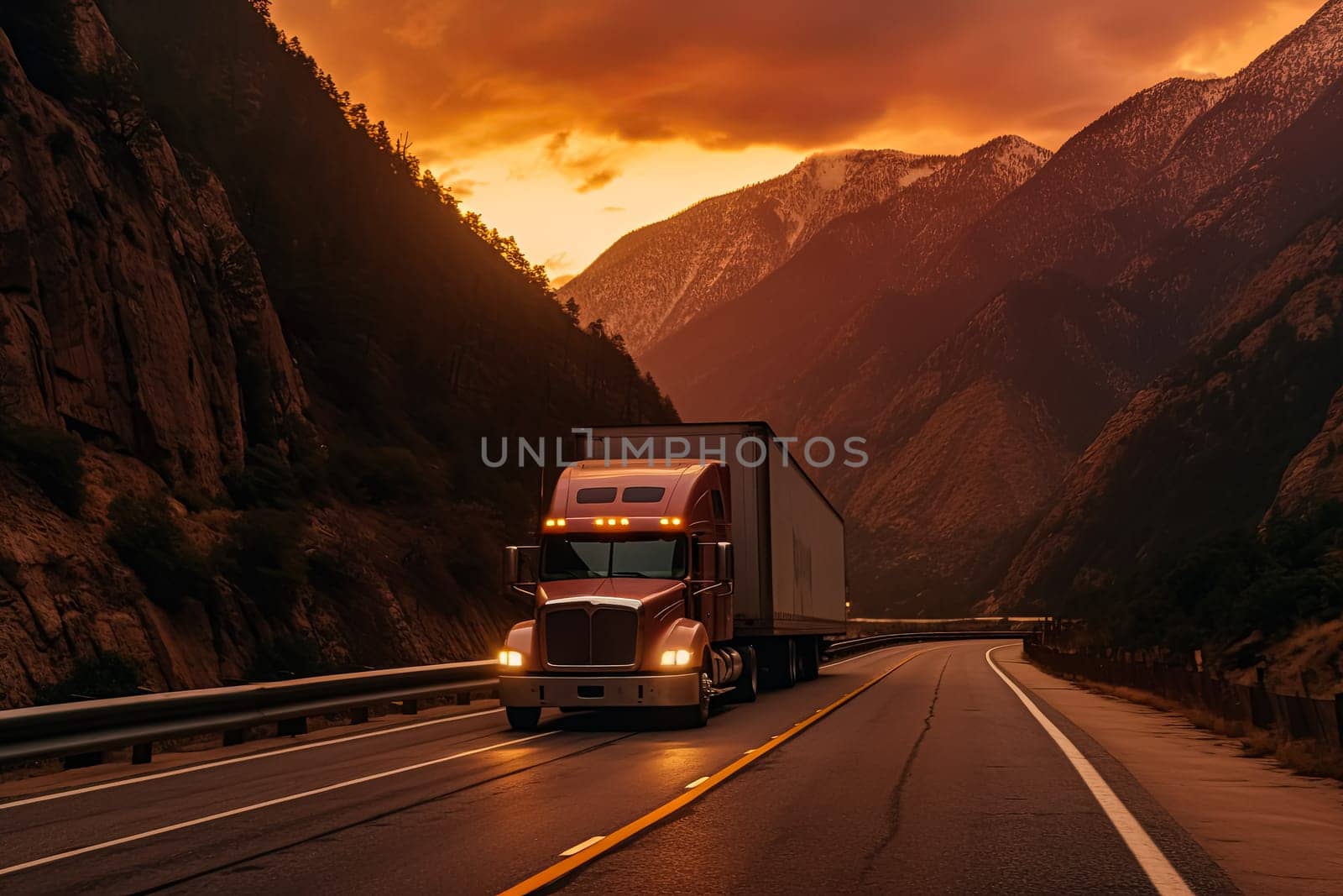 A red semi truck is driving down a mountain road at sunset. The road is narrow and winding, with a beautiful view of the mountains in the background. The sky is filled with orange and pink hues