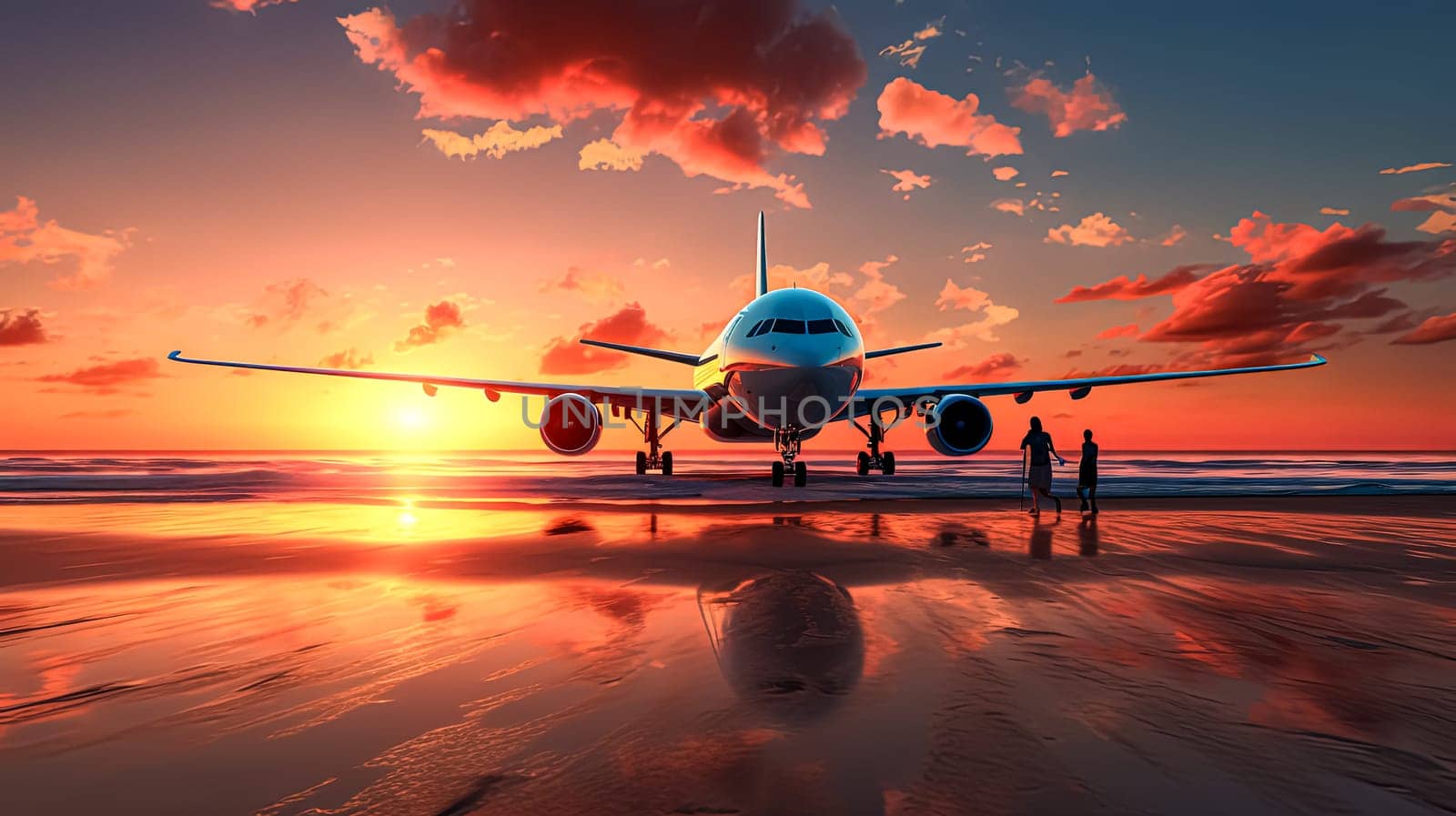 A large jetliner is sitting on the runway at sunset. The sky is filled with clouds, creating a moody atmosphere. The reflection of the plane in the water adds to the serene and peaceful setting