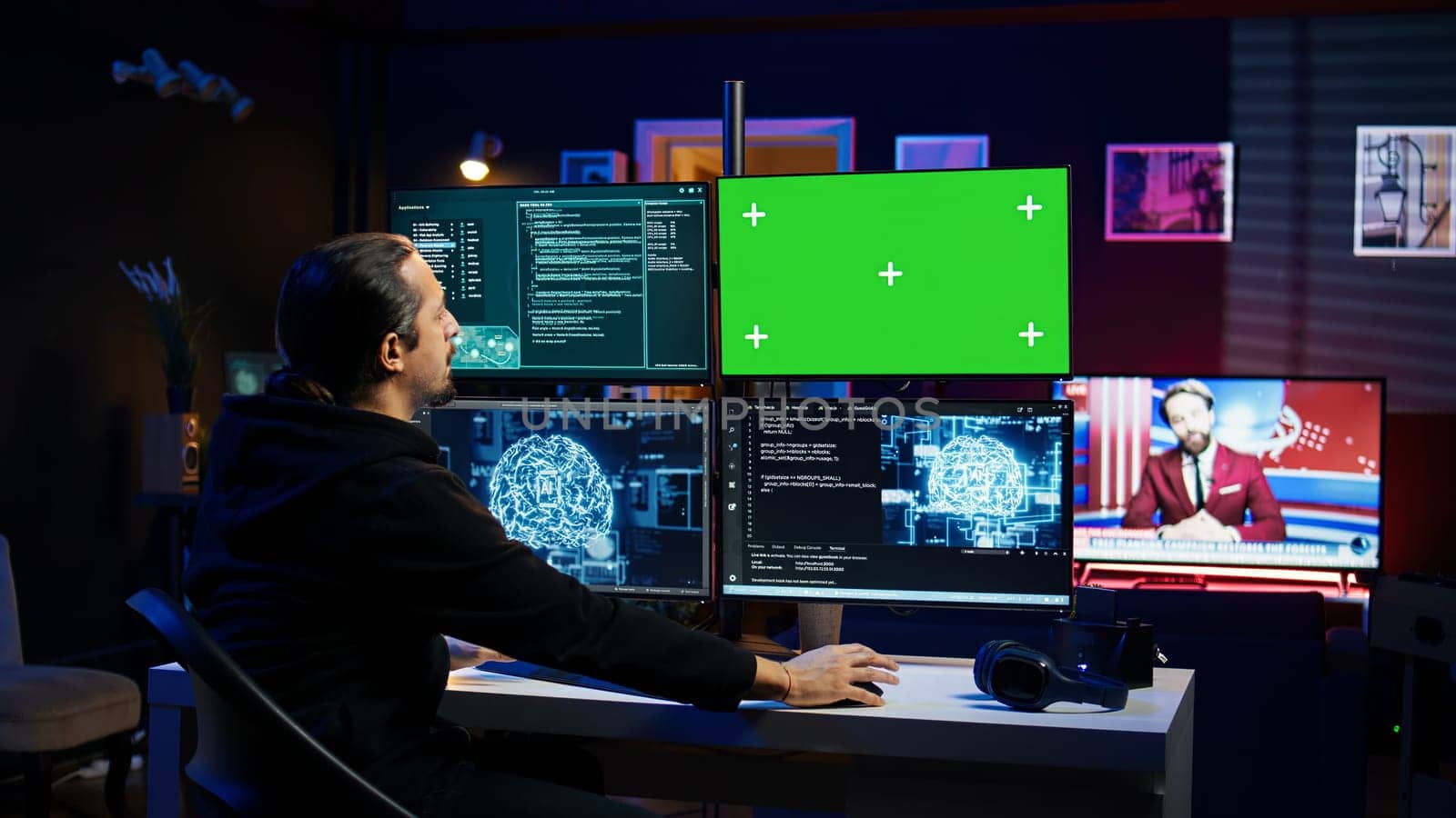 Hacker using green screen monitor and AI to write spyware by DCStudio