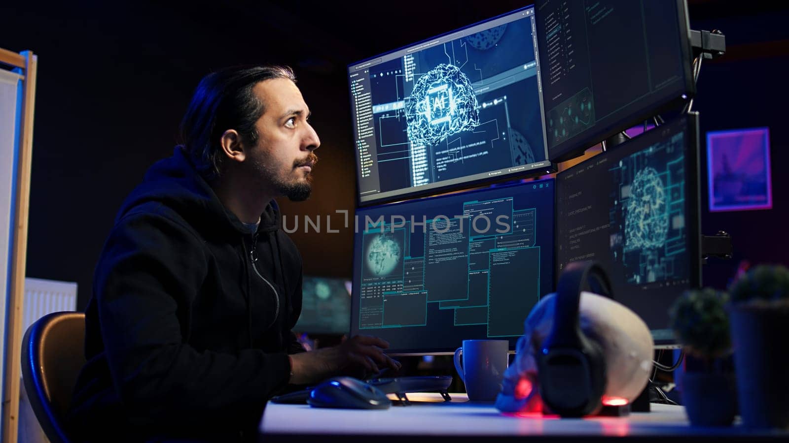 Hacker using AI technology to target vulnerable unpatched connections to steal data. Cybercriminal using artificial intelligence to compromise digital devices and gain illicit info, camera B