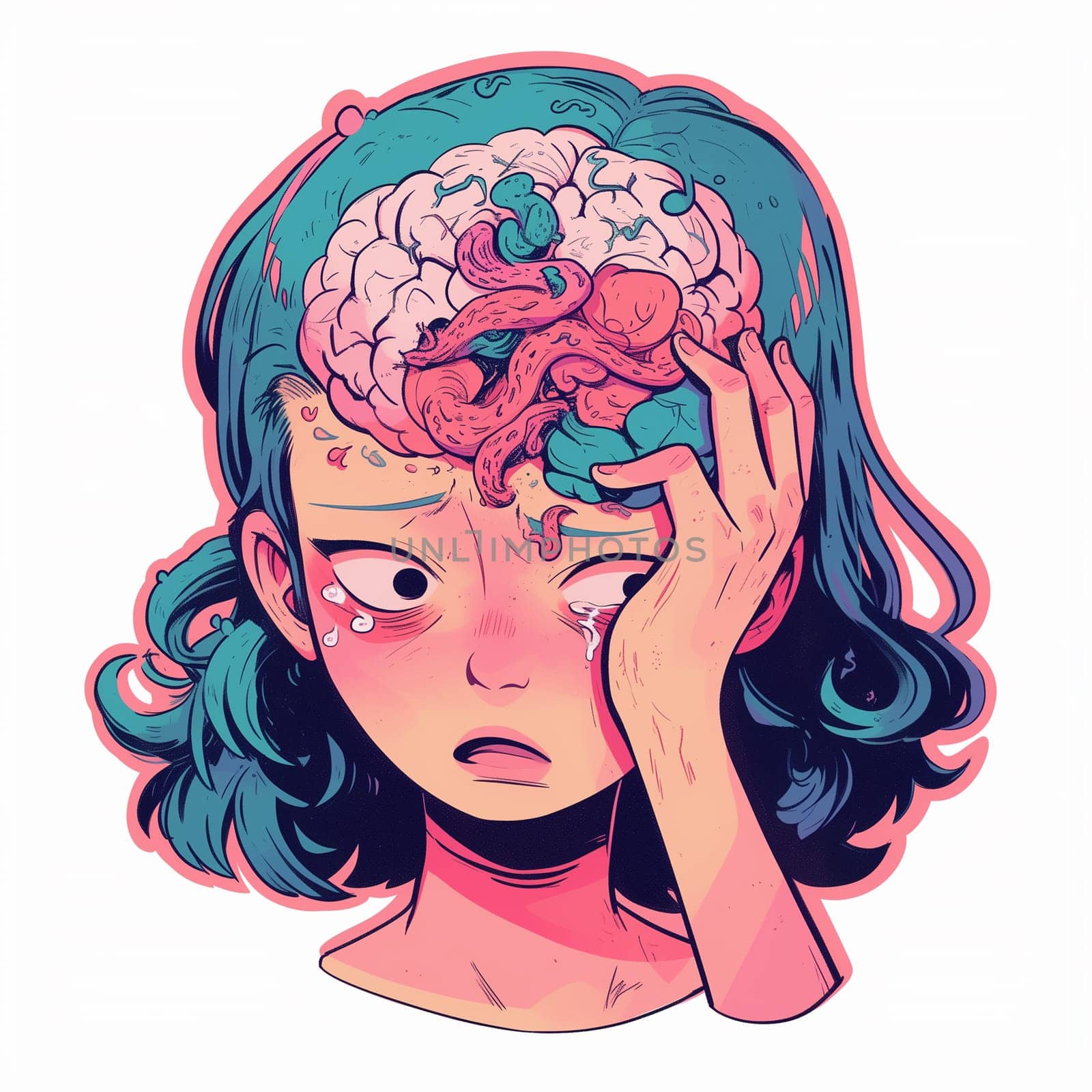Digital illustration of a female character with an exposed brain, holding her head and crying.